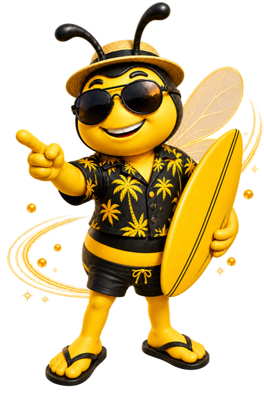 Abeja BUFA en modo playa con tabla de surf