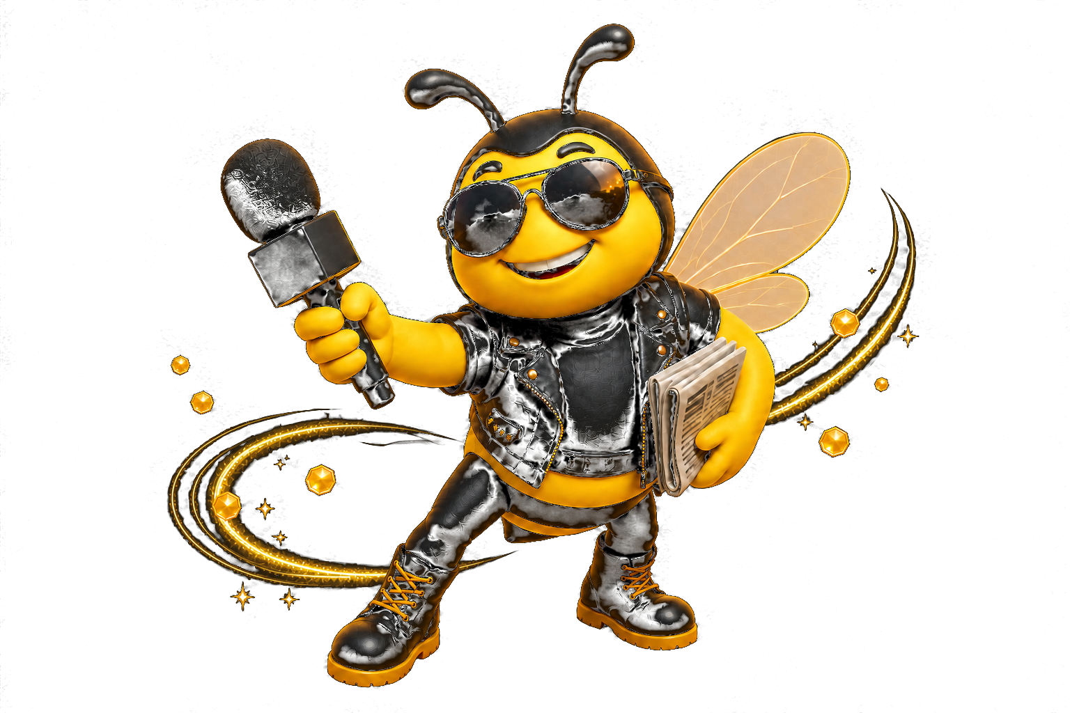Abeja BUFA reportera con micrófono y periódico